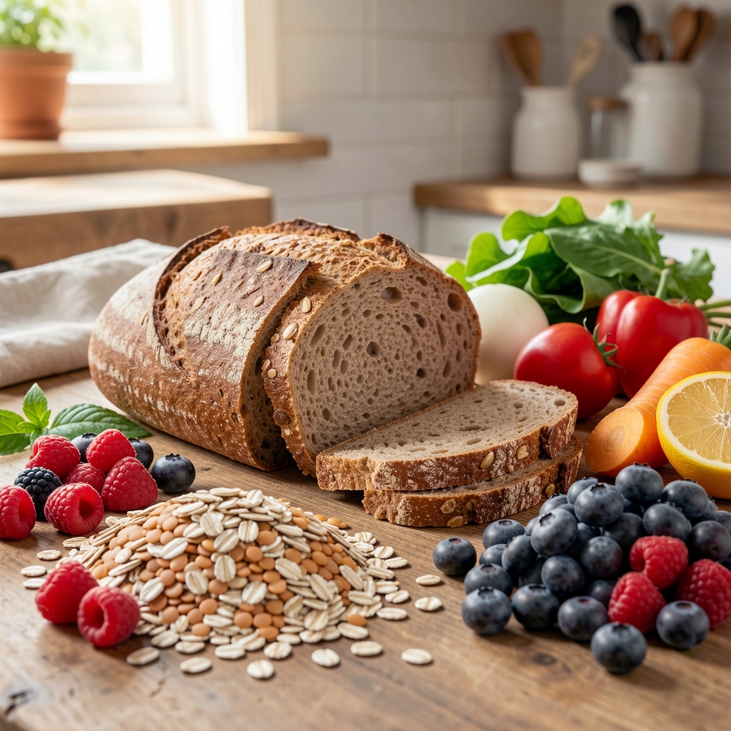 Wholegrain bread, lentils, oats, berries and vegetables arranged on a natural kitchen table