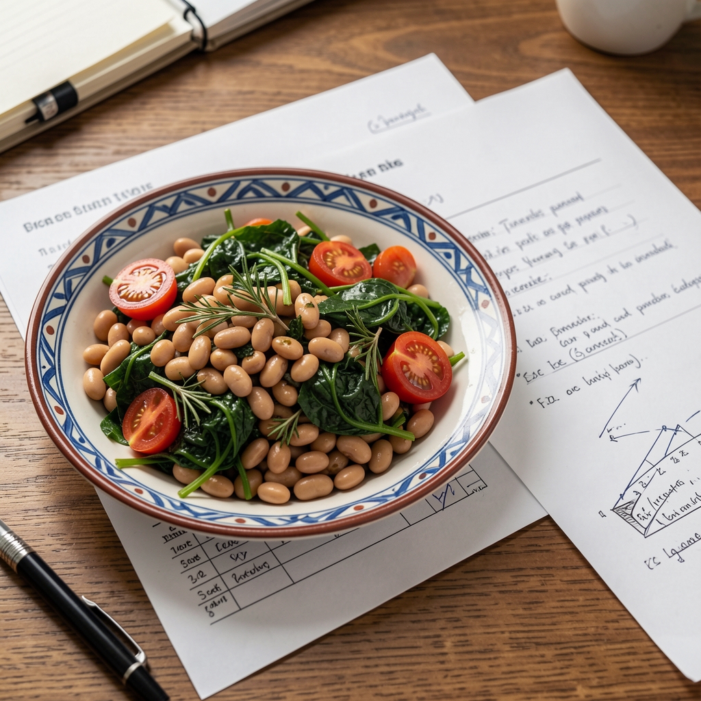 Mediterranean-style plate with beans, greens, tomatoes and herbs beside research notes on a table