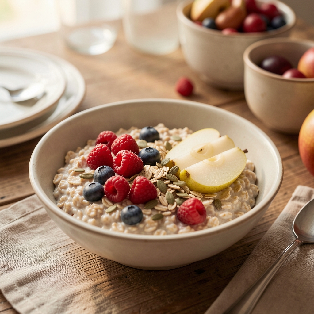 Warm bowl of oats with berries, seeds and sliced pear on a quiet breakfast table