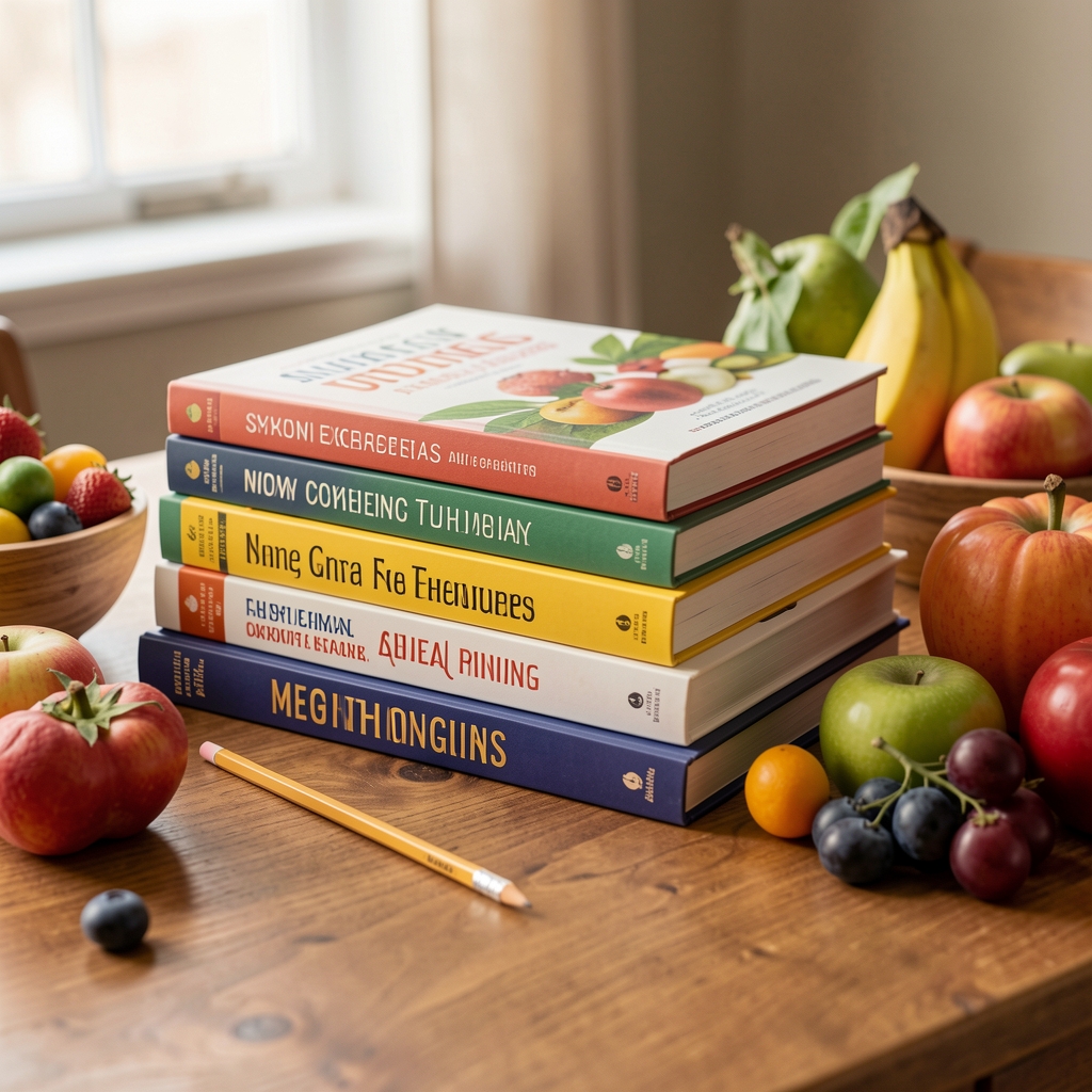 Stack of nutrition books, a pencil and seasonal produce on a warm wooden desk