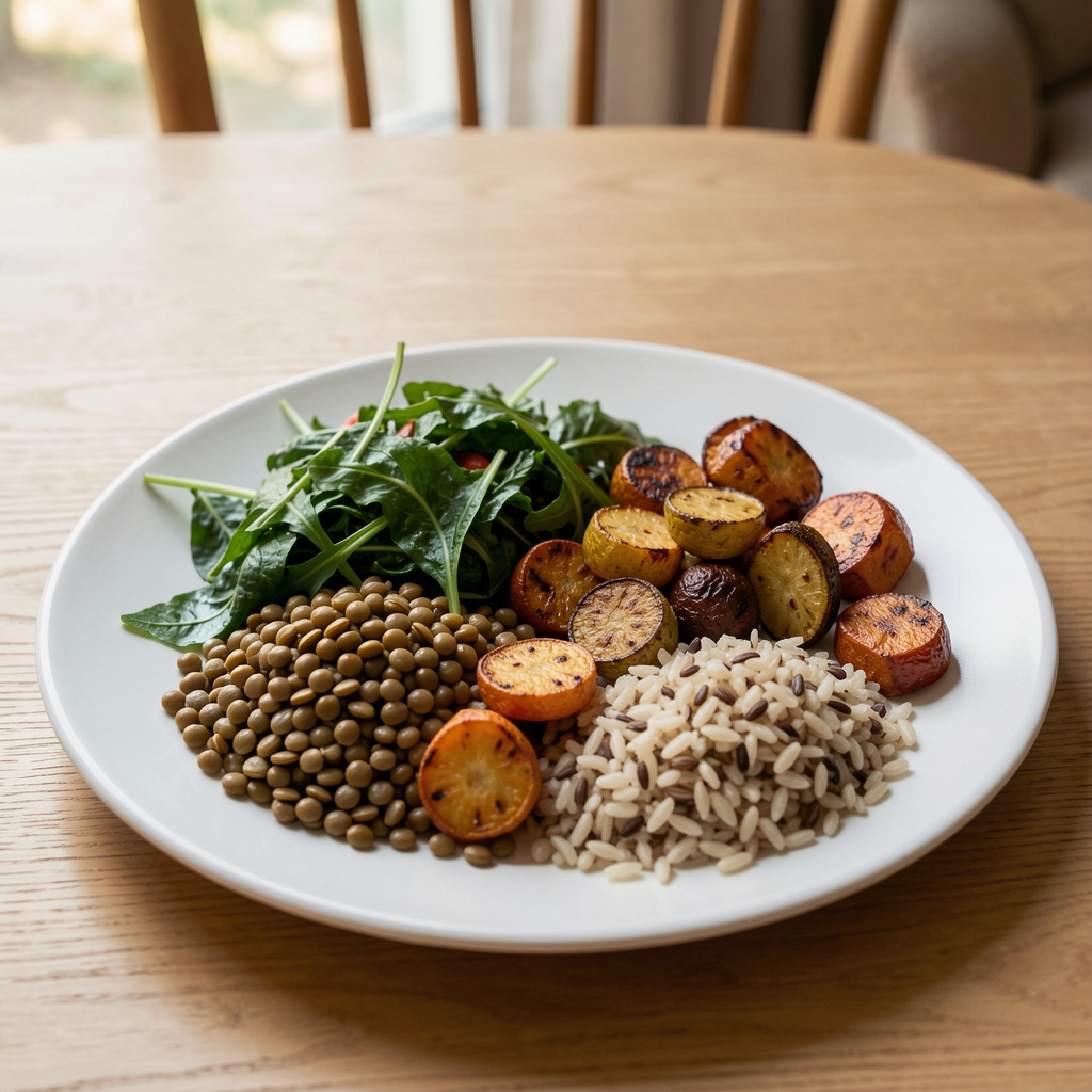 Balanced lunch plate with lentils, greens, roasted vegetables and whole grains in natural light