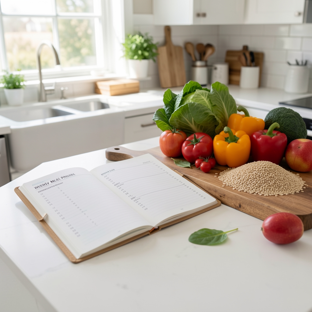 Open weekly meal planner beside seasonal vegetables, grains and a wooden chopping board in a bright kitchen